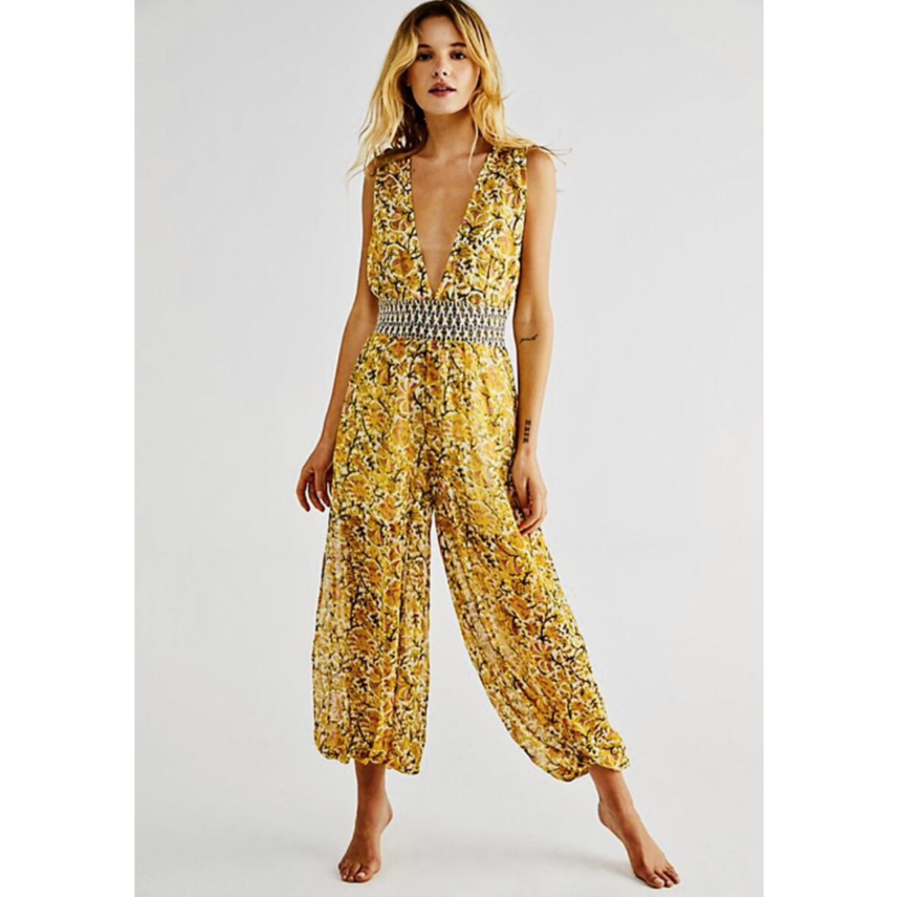 Free People Marias Jumpsuit Romper Yellow Wide Leg Large 798
